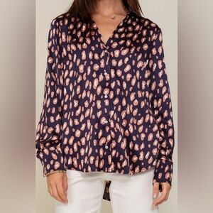 NWT Timing Women’s Satin Print Blouse, Navy/Rose/Cream, LARGE